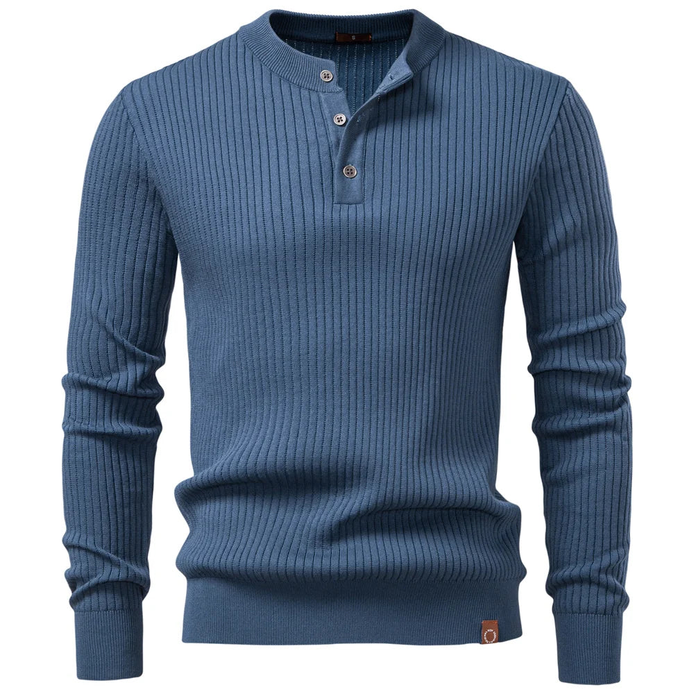 Men's Ribbed Three-Button Henley Knit. Henley neckline with three-button placket.