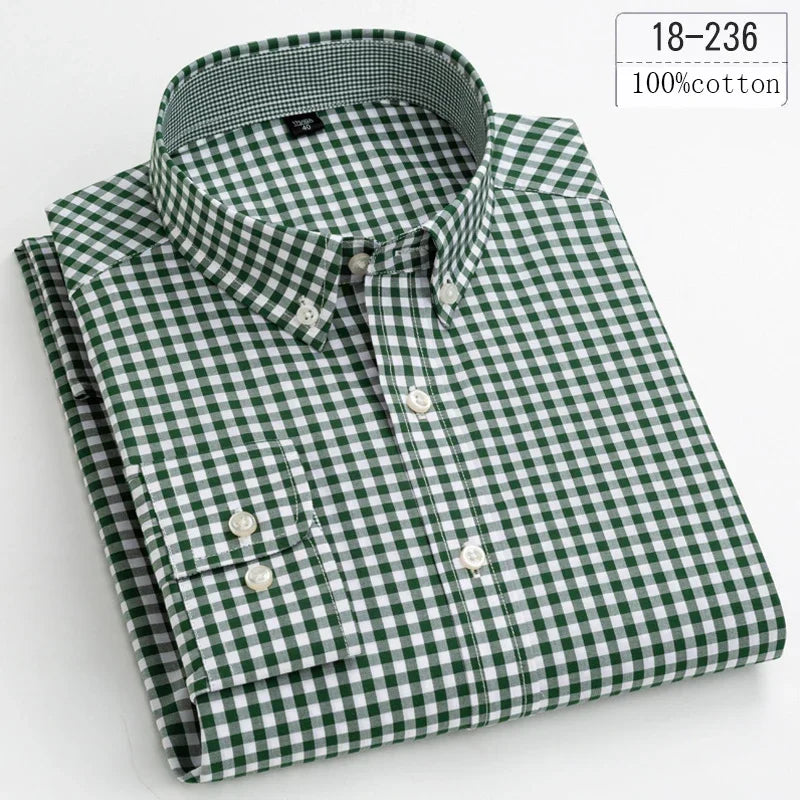 Men's Cotton Check & Stripe Button-Down Shirt. Button-down collar and button front.