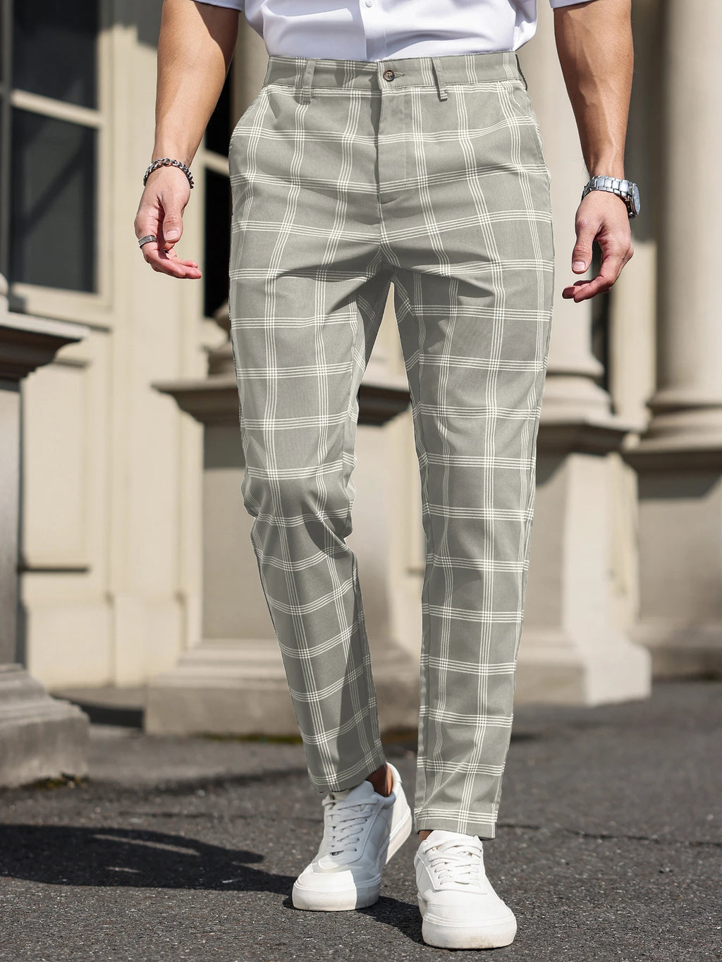 Men's Grey Windowpane Ankle Trousers. Polyester fabric.