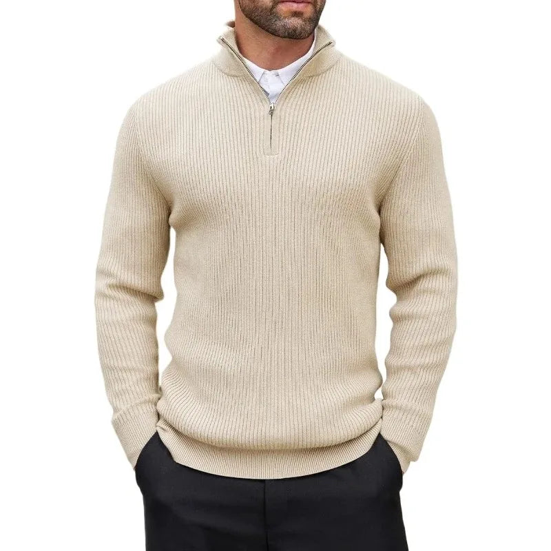 Men's Ribbed Stand-Collar Quarter-Zip Jumper. Ribbed knit texture.