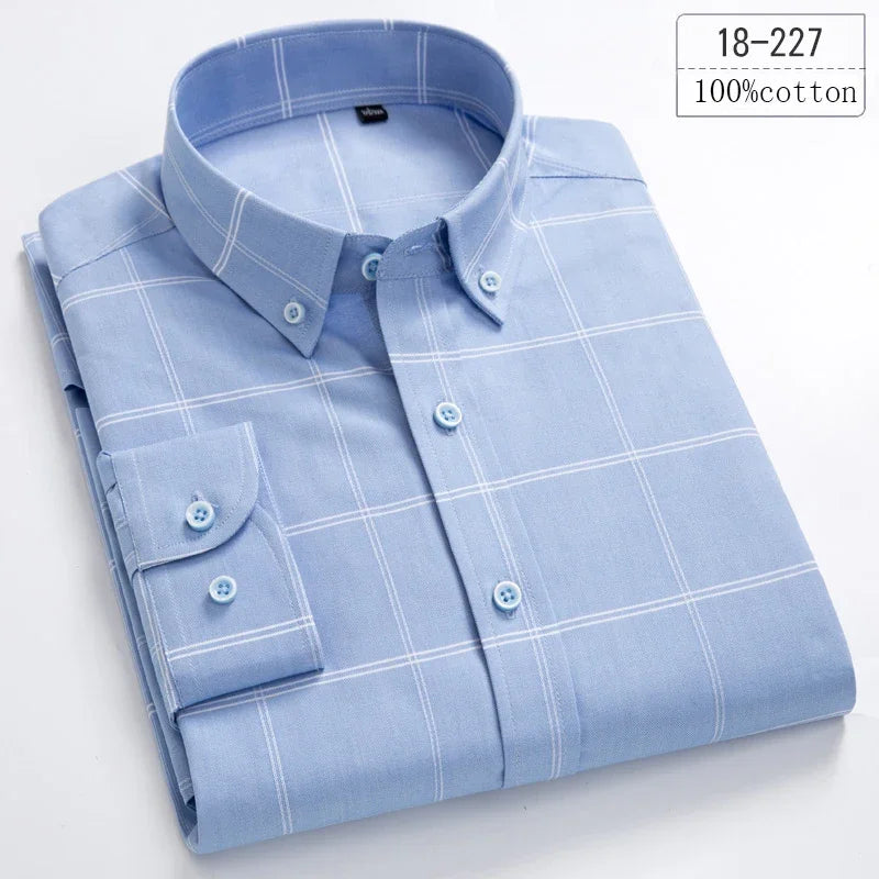 Men's Cotton Check & Stripe Button-Down Shirt. Button-down collar and button front.