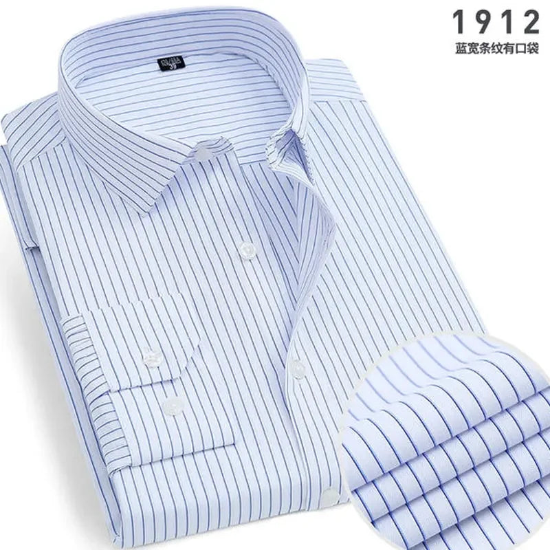 Men's Classic Stripe & Plain Pocket Shirt. Cotton-polyester blend.