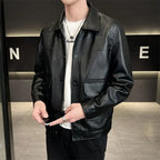 Men's Faux-Leather Snap-Front Utility Jacket. Imitation-leather finish.