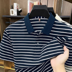 Men's Fine-Stripe Short-Sleeve Polo. Fine horizontal stripes.