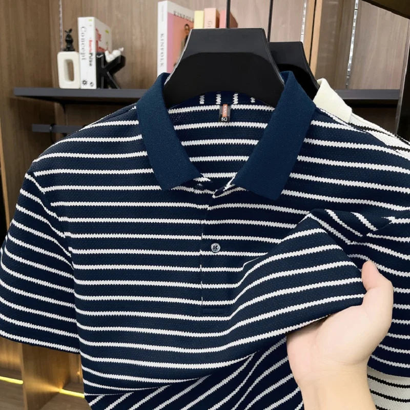 Men's Fine-Stripe Short-Sleeve Polo. Fine horizontal stripes.