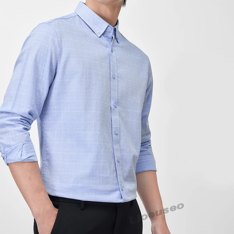 Men's Fine-Stripe Cotton Button-Down Shirt. 100% cotton.