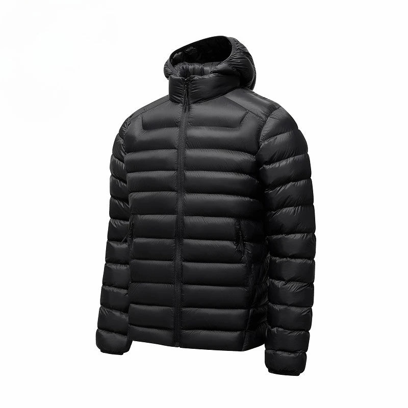 Men's Horizontal-Quilted Hooded Puffer Jacket. Hooded shape.