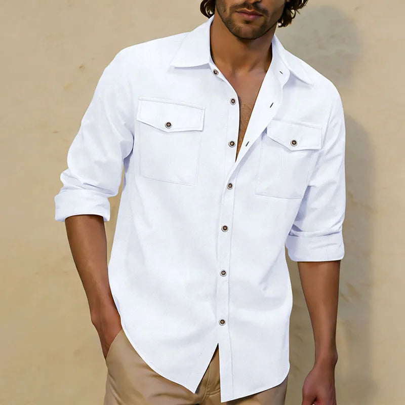 Men's Linen-Blend Twin-Pocket Utility Shirt. Long sleeves and button front.