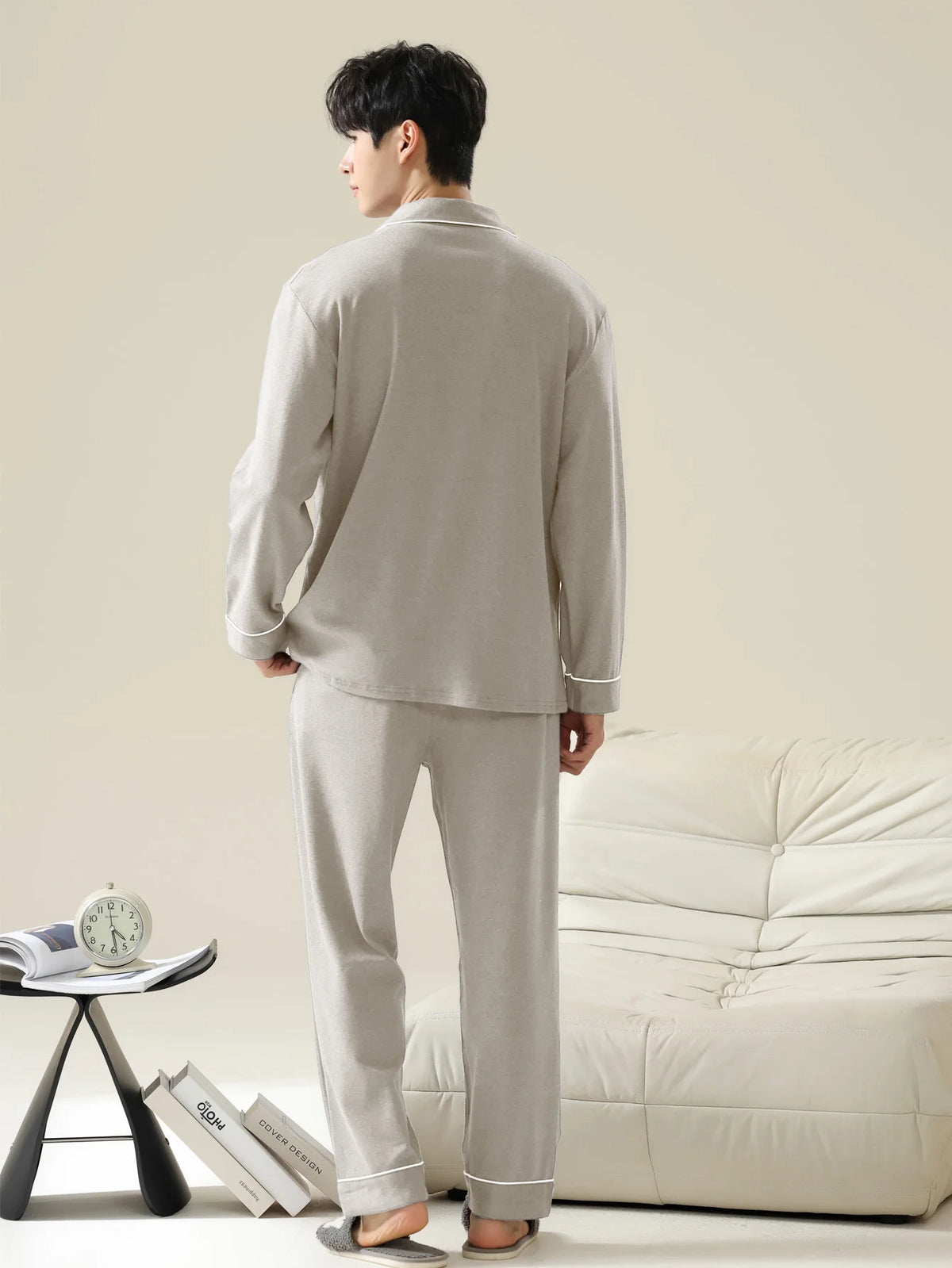 Men's Stone Cotton Long Pyjamas With Piping. Cotton fabric.