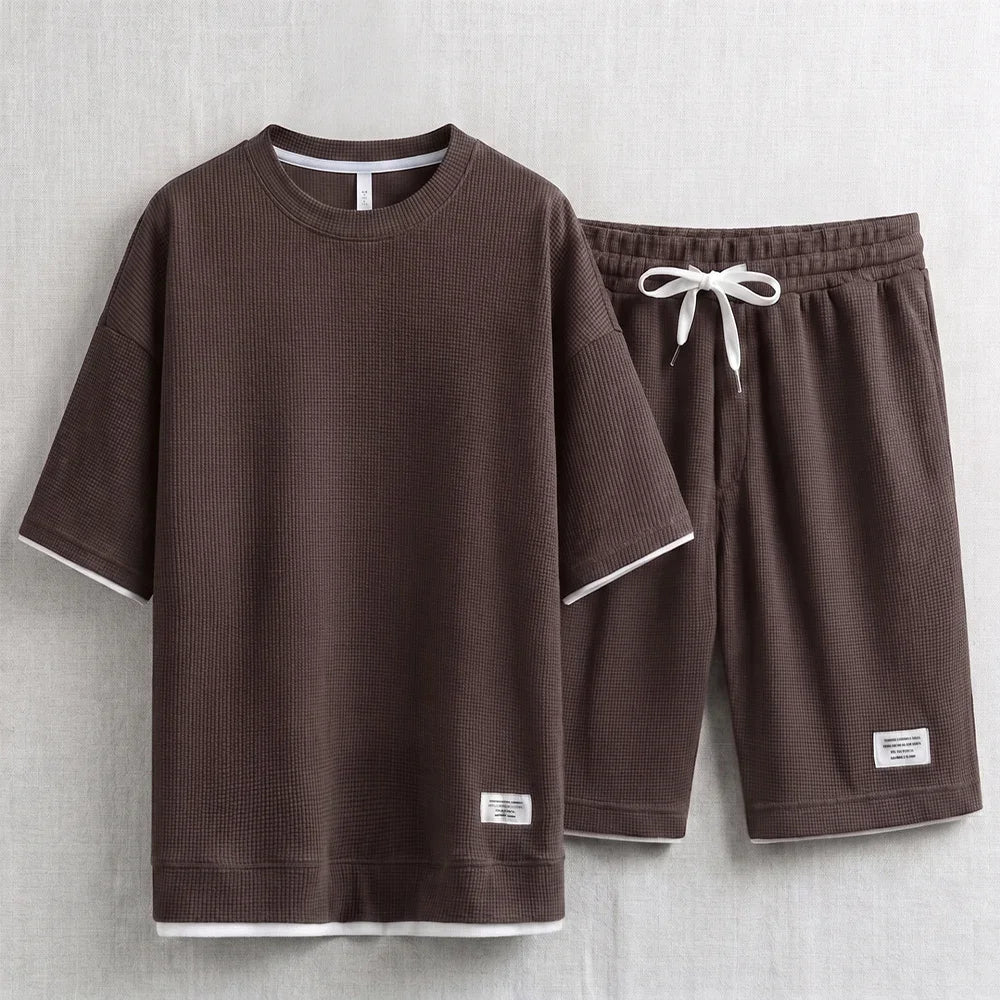 Men's Waffle T-Shirt & Lounge Shorts Set. Matching tee and shorts.
