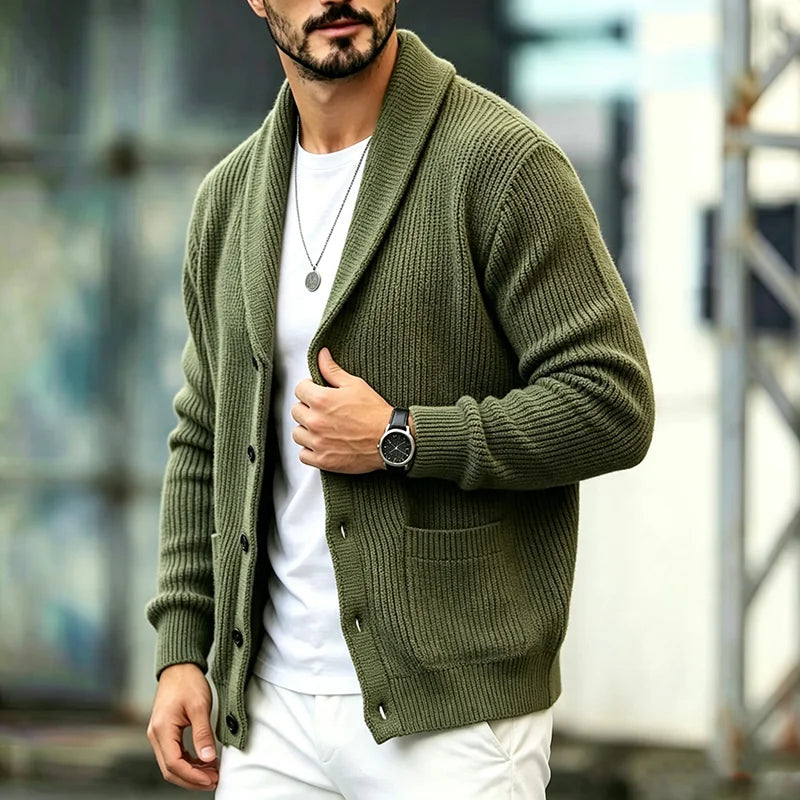 Men's Shawl-Collar Pocket Cardigan. Shawl collar.