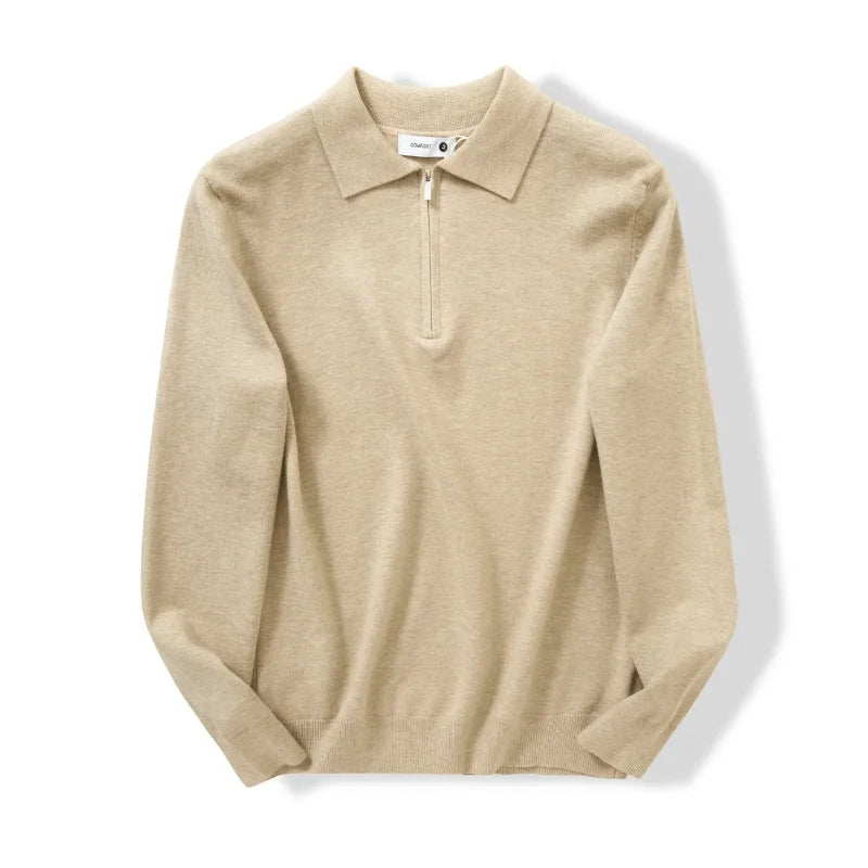 Men's Collared Zip-Neck Knit Polo. Fold-over polo collar.