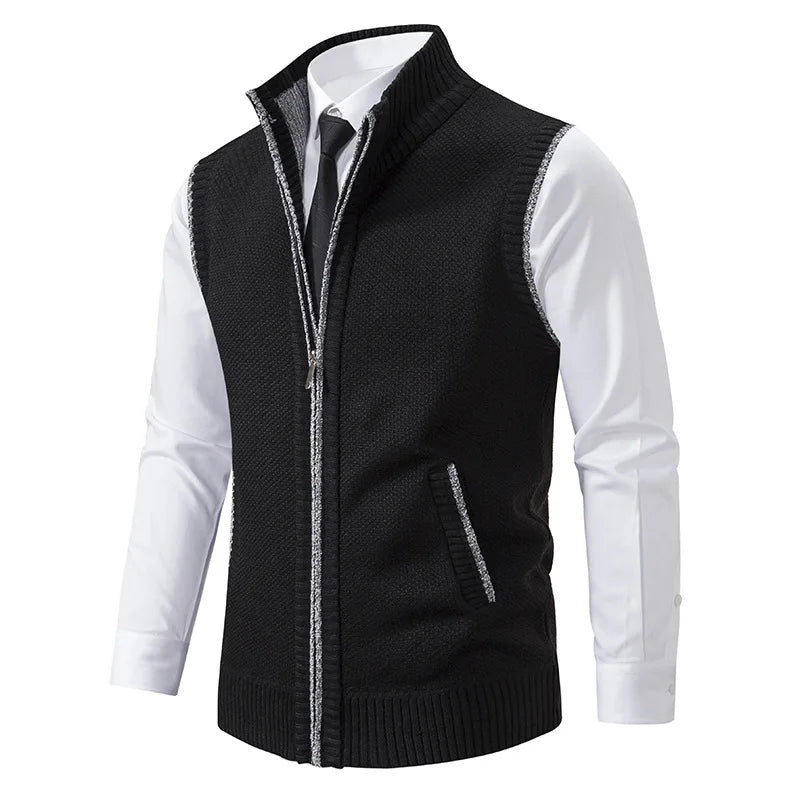 Men's Zip-Through Knit Vest. Sleeveless knitted design.