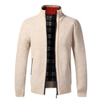 Men's Fleece-Lined Collared Knit Cardigan. Knitted exterior with fleece lining.