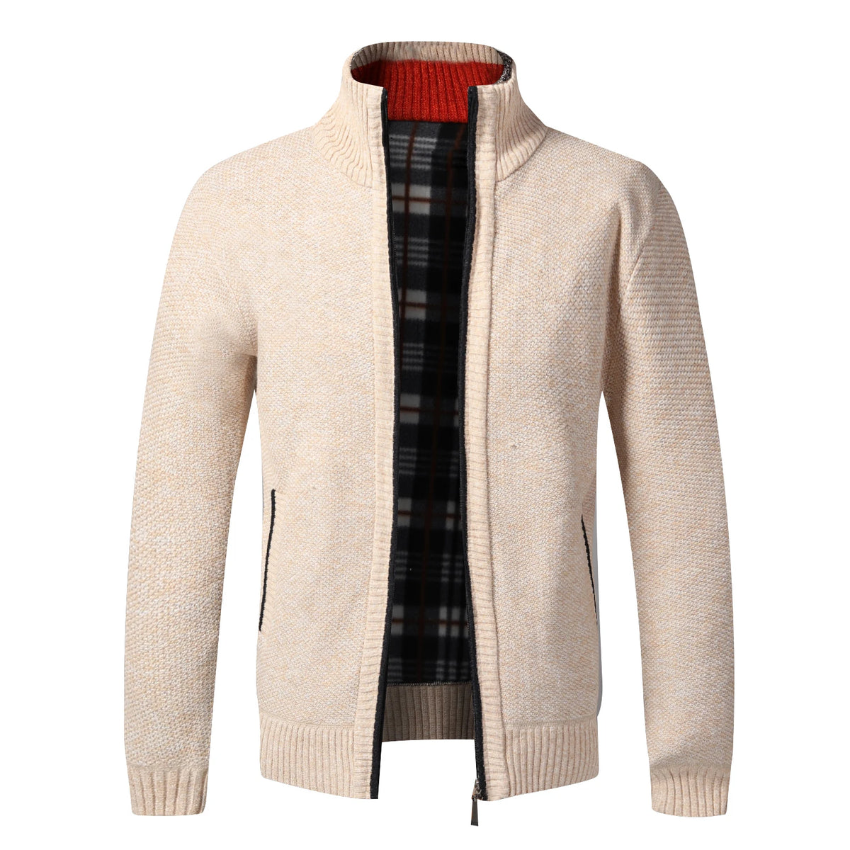 Men's Fleece-Lined Collared Knit Cardigan. Knitted exterior with fleece lining.