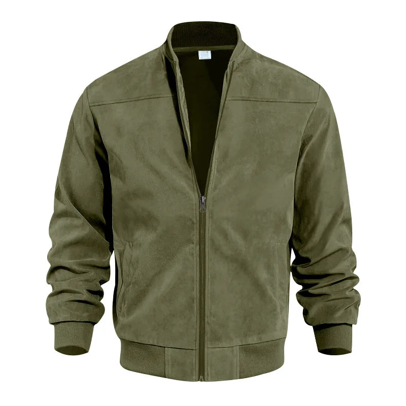 Men's Suede-Look Rib-Trim Bomber Jacket. Suede-look finish.