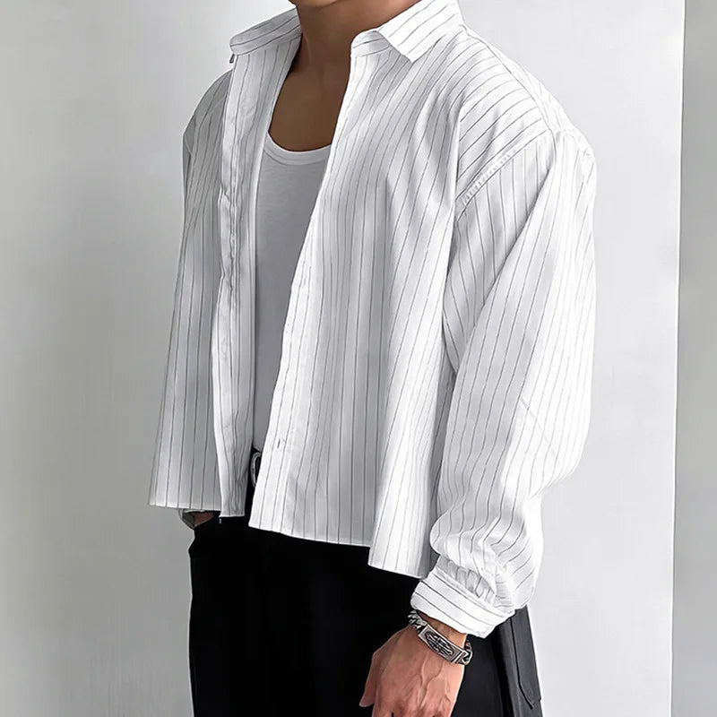Men's Relaxed Long-Sleeve Pinstripe Shirt. Fine vertical pinstripes.