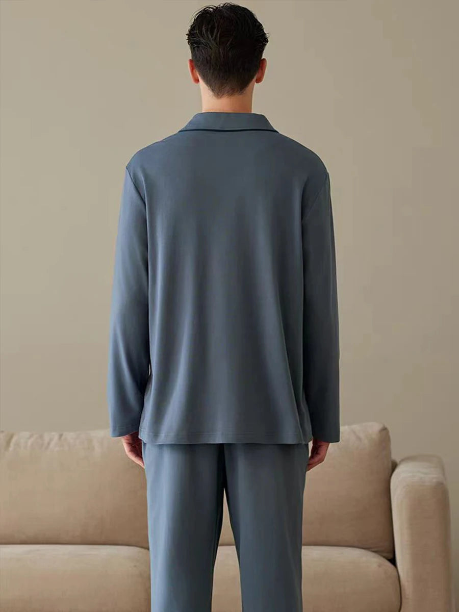 Men's Piped Long-Sleeve Lounge Pyjamas. Polyester fabric.