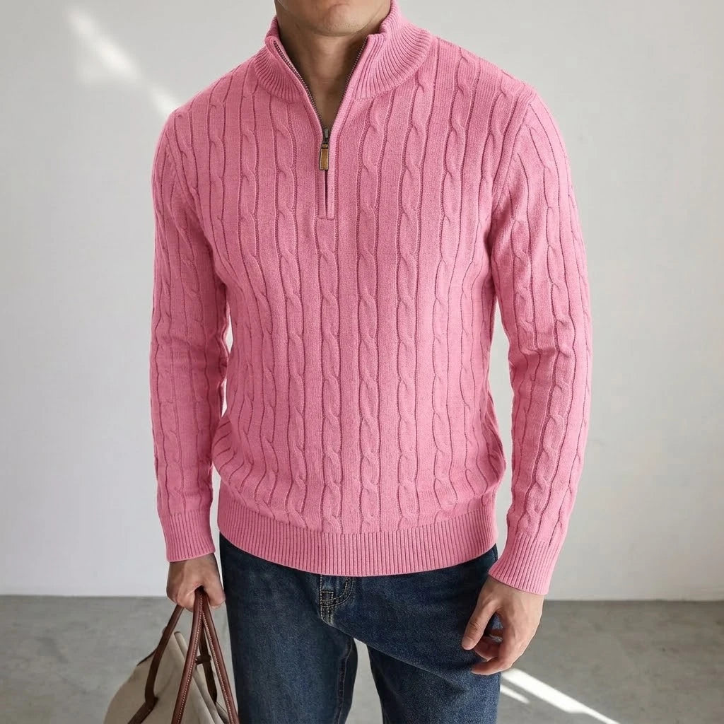 Men's Cable-Knit Quarter-Zip Jumper. Cable-knit texture.