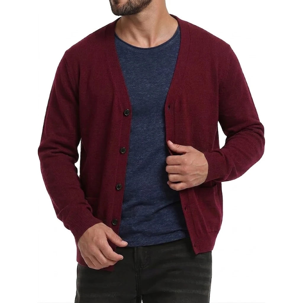 Men's Lightweight Button-Front Cardigan. Plain knitted finish.