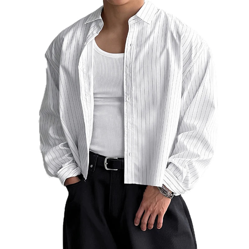 Men's Relaxed Long-Sleeve Pinstripe Shirt. Fine vertical pinstripes.