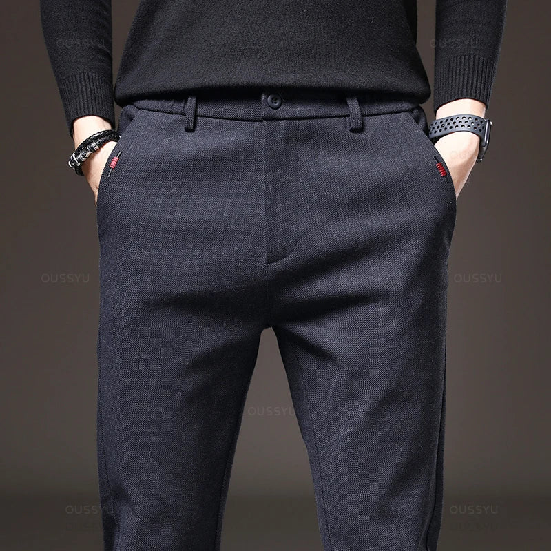 Men's Textured Smart Stretch Trousers. Polyester blend with viscose, nylon, cotton and elastane.
