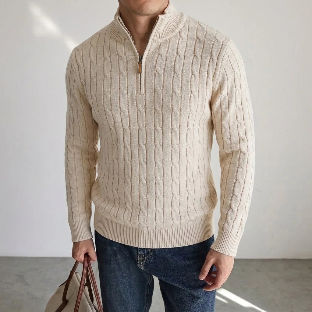 Men's Cable-Knit Quarter-Zip Jumper. Cable-knit texture.