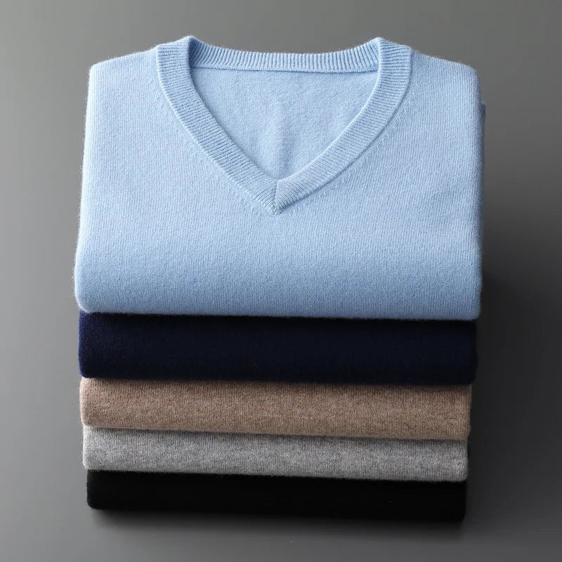 Men's Classic Fine-Knit V-Neck Jumper. V-neckline.