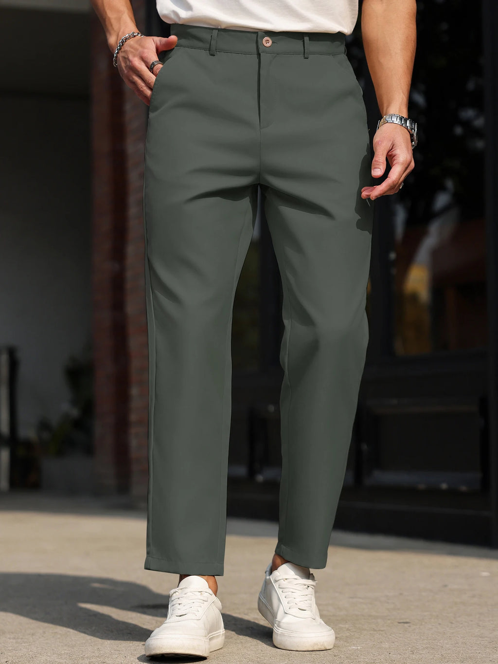 Men's Slim Ankle-Length Dress Trousers. Polyester fabric.