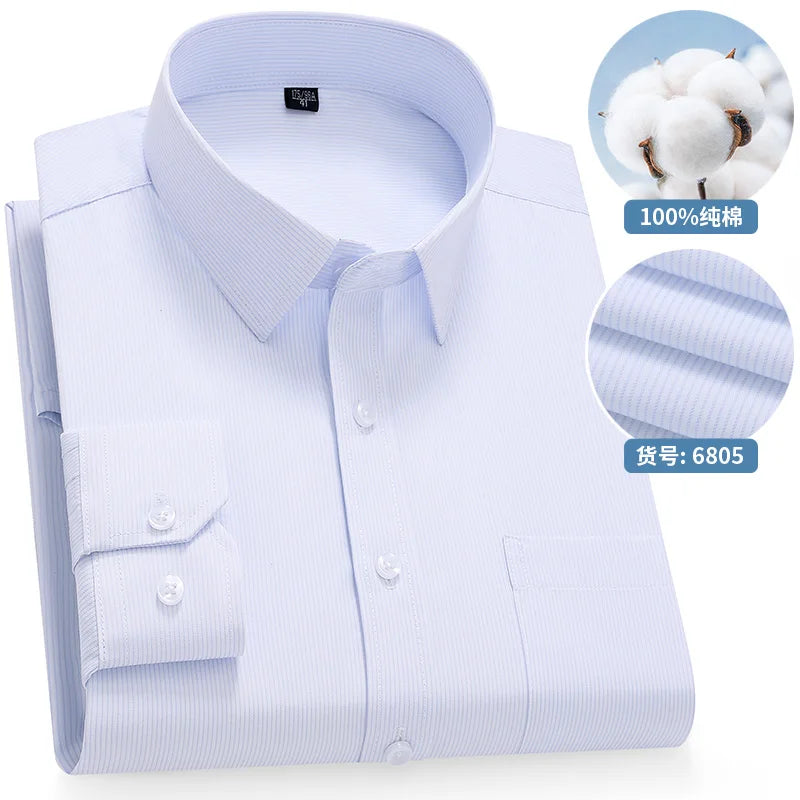 Men's Cotton Long-Sleeve Stripe Pocket Shirt. 100% cotton.