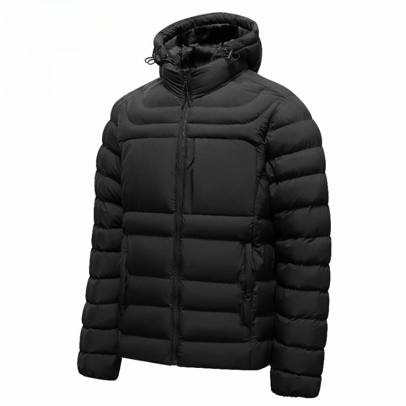 Men's Horizontal-Quilted Hooded Puffer Jacket. Hooded shape.
