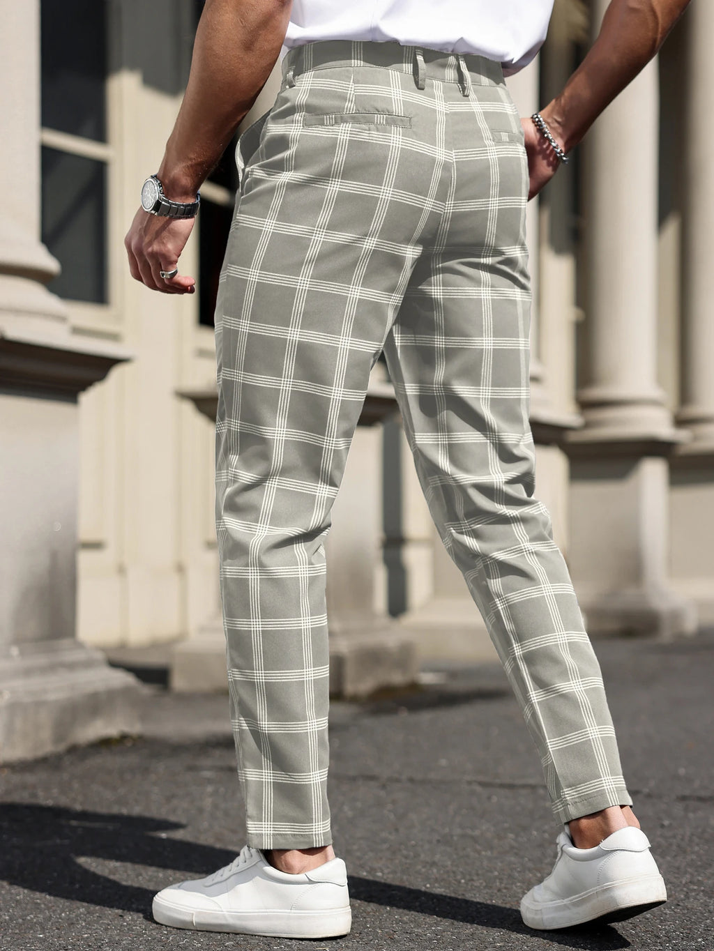 Men's Grey Windowpane Ankle Trousers. Polyester fabric.
