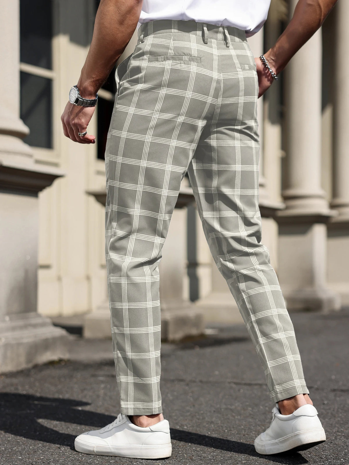 Men's Grey Windowpane Ankle Trousers. Polyester fabric.
