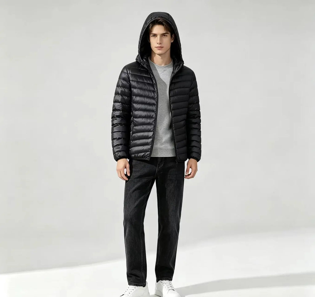 Men's Lightweight Narrow-Quilted Hooded Puffer. Narrow horizontal quilting.
