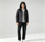 Men's Lightweight Narrow-Quilted Hooded Puffer. Narrow horizontal quilting.