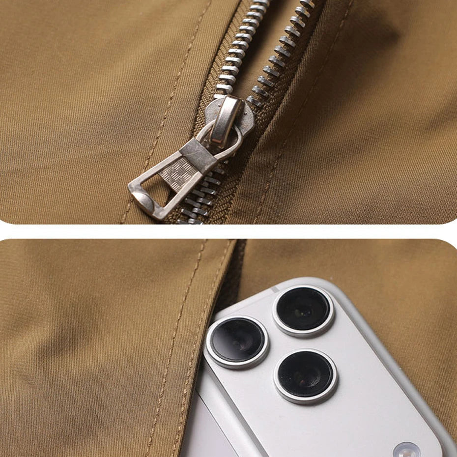 Men's Classic Zip-Front Cargo Bomber Jacket. Full zip front.