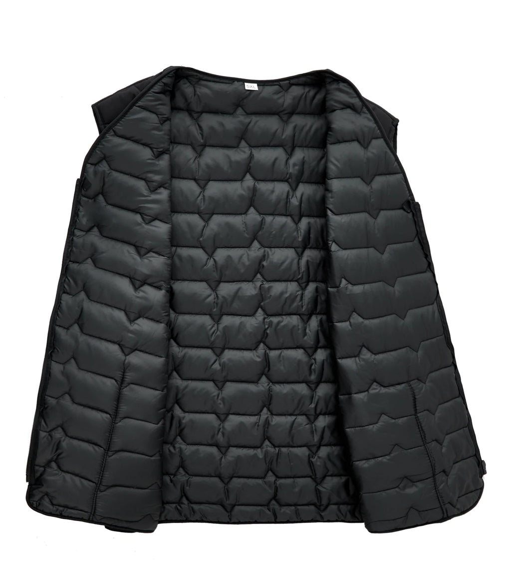 Men's Wave-Quilted Collarless Gilet. Wave quilt pattern.