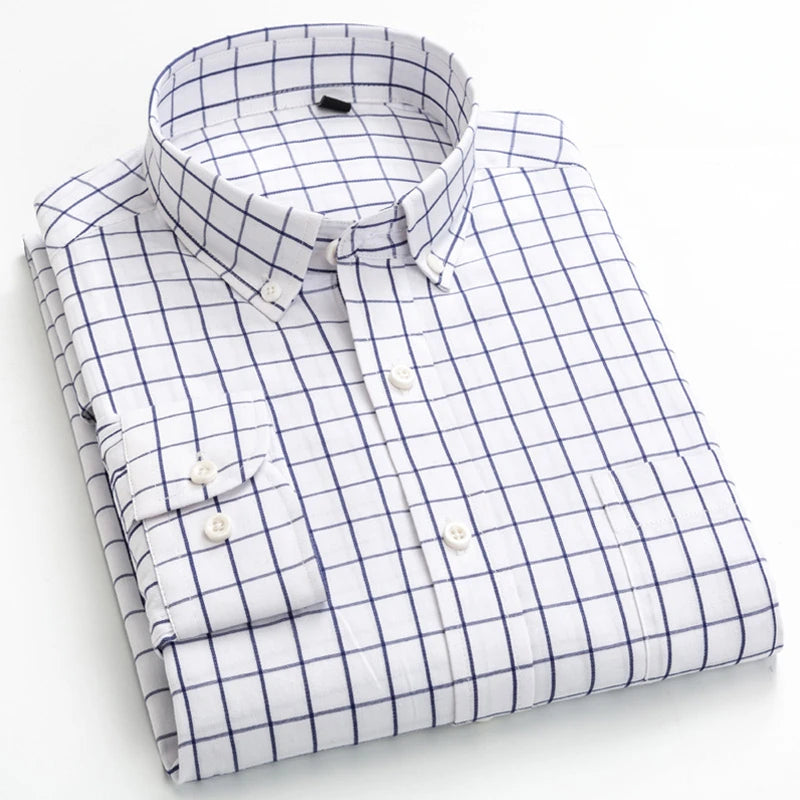 Men's Cotton Check & Stripe Button-Down Shirt. Button-down collar and button front.