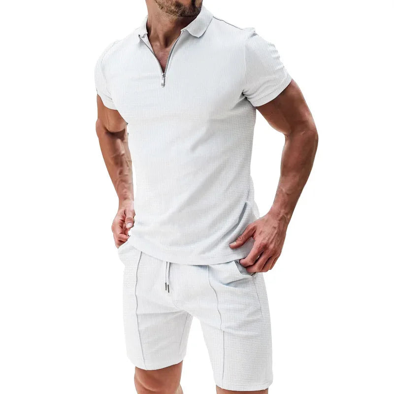 Men's Waffle Zip-Polo & Shorts Set. Matching two-piece set.