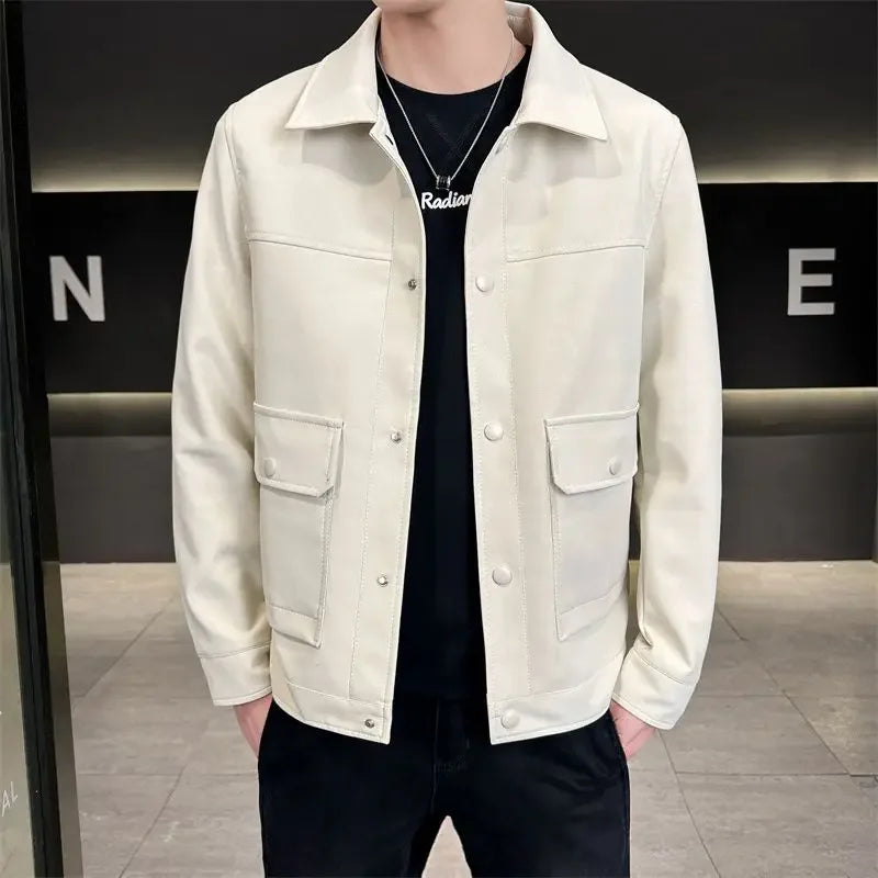 Men's Faux-Leather Snap-Front Utility Jacket. Imitation-leather finish.