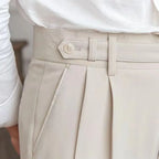 Men's Cropped High-Waist Pleated Trousers. Cotton and polyester blend.