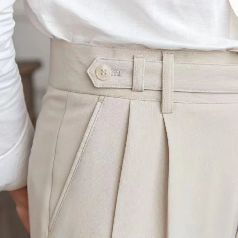 Men's Cropped High-Waist Pleated Trousers. Cotton and polyester blend.