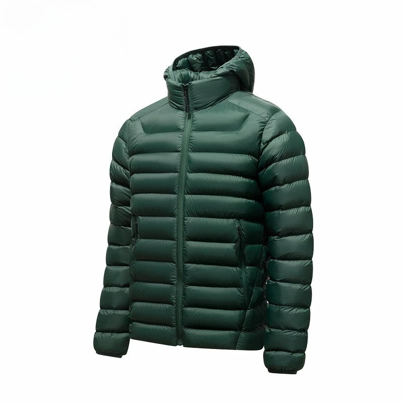 Men's Horizontal-Quilted Hooded Puffer Jacket. Hooded shape.