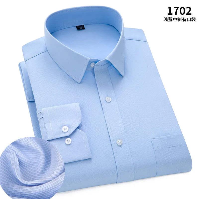 Men's Classic Stripe & Plain Pocket Shirt. Cotton-polyester blend.
