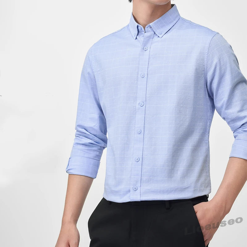 Men's Fine-Stripe Cotton Button-Down Shirt. 100% cotton.