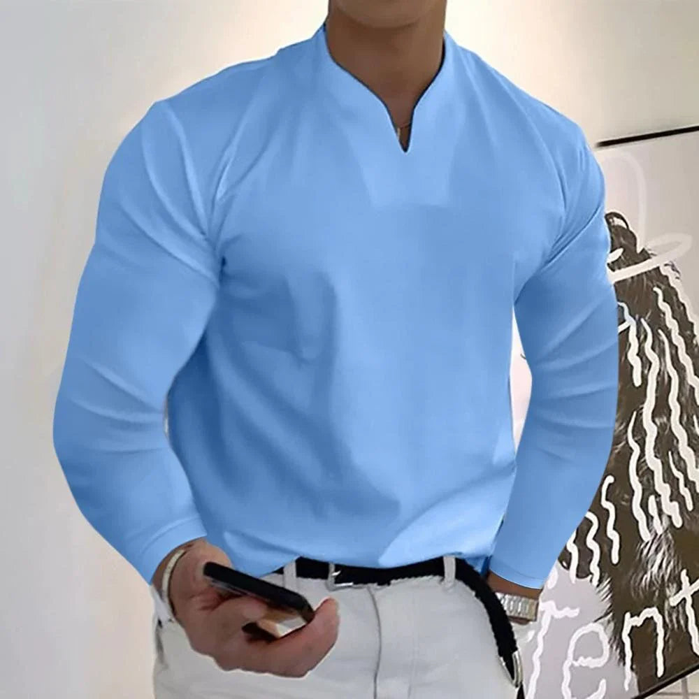 Men's Notch-Neck Long-Sleeve Top. Notched V neckline.