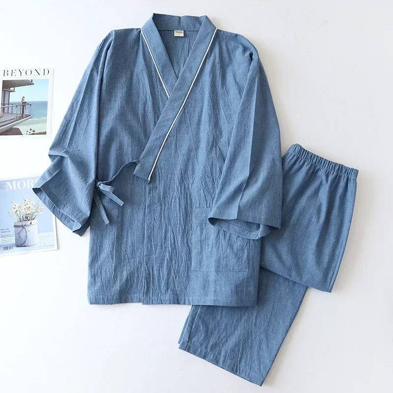 Men's Piped Cotton Kimono Lounge Set. Crinkled cotton fabric.