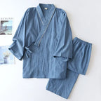 Men's Piped Cotton Kimono Lounge Set. Crinkled cotton fabric.
