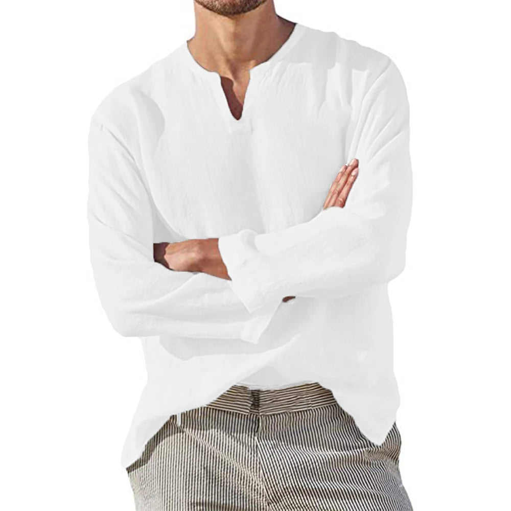 Men's Cotton-Linen V-Neck Pullover Shirt. Cotton and linen blend.