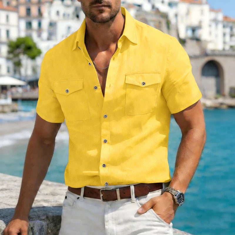 Men's Linen-Blend Twin-Pocket Summer Shirt. Linen and polyester blend.